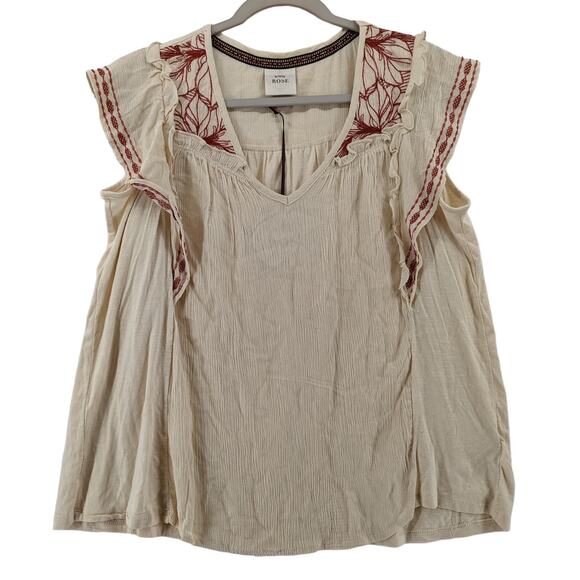 Knox Rose Embroidered Blouse S Cream Flutter Floral Ruffle Top Work Casual Drape - Picture 1 of 12